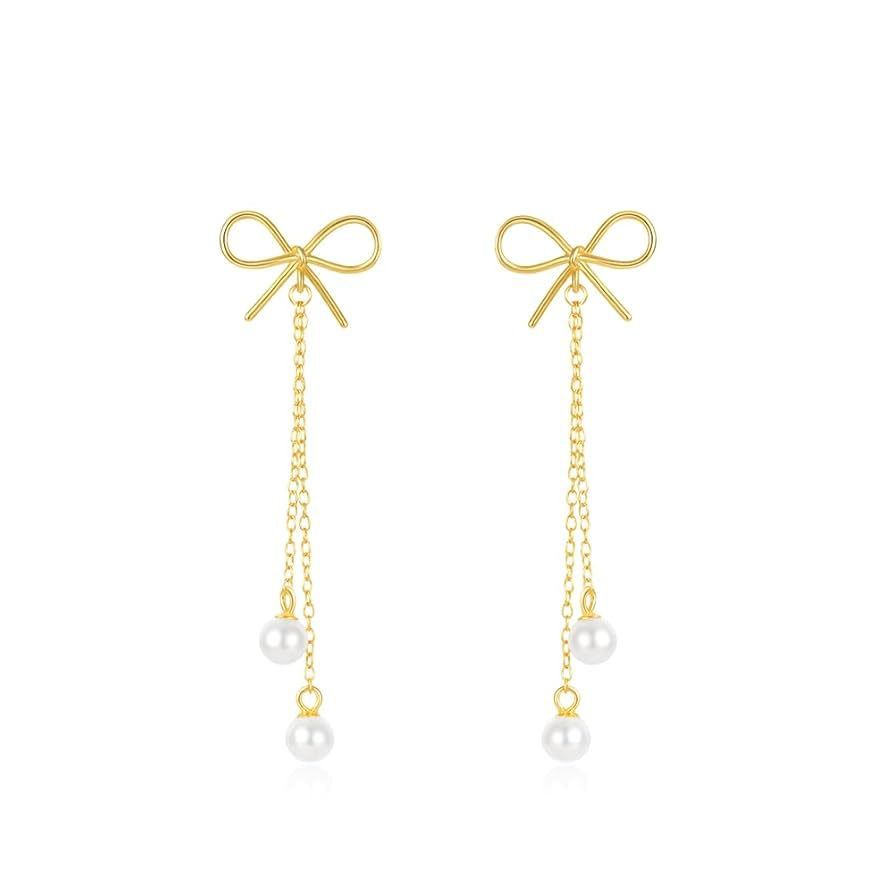Bow dangle pearl earrings