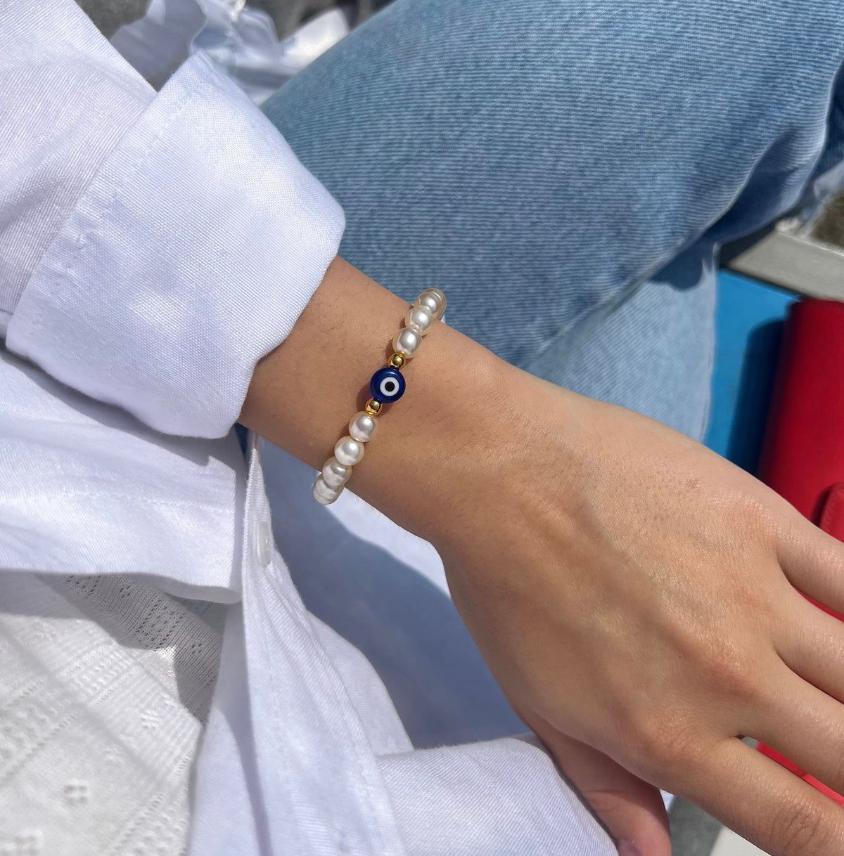 Evil Eye Pearl Charm Bracelet