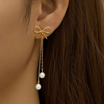 Bow dangle pearl earrings