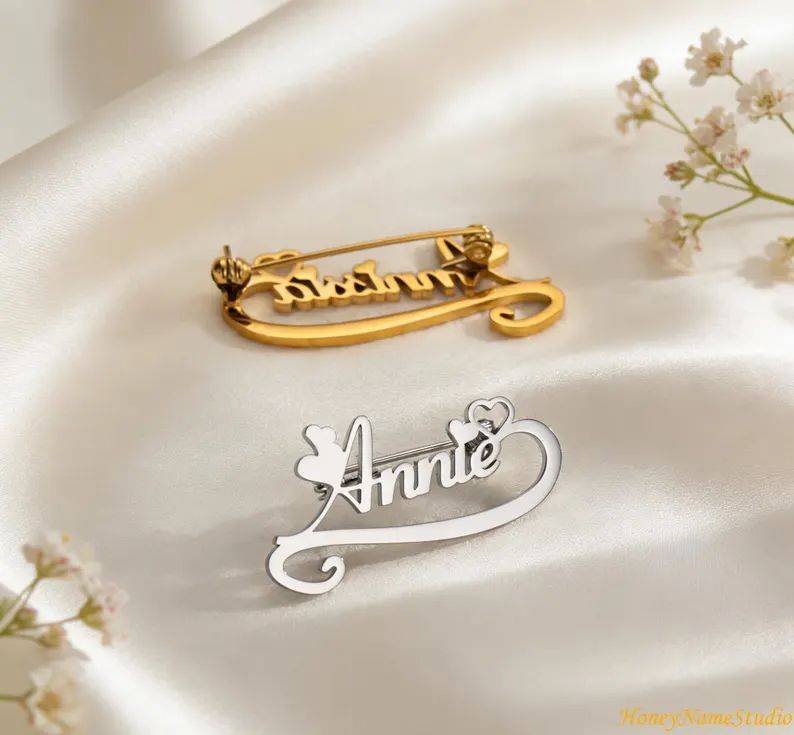 Personalized Floral Heart Name Brooch